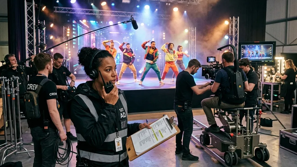 A focused first assistant director holding a clipboard and walkie-talkie on a busy music video set with dancers under lights and crew in the background