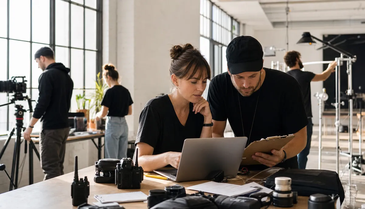 Production coordinator and assistant director preparing a photo shoot with laptop, clipboard, radios, papers, and camera gear in a bright studio.