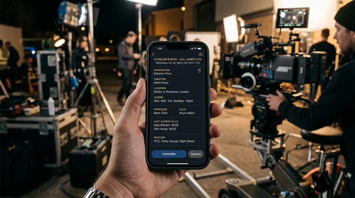 A modern mobile phone displaying a clean digital call sheet with 'Confirm' and 'Decline' buttons, held in front of a blurred cinematic film set with lighting and camera gear.