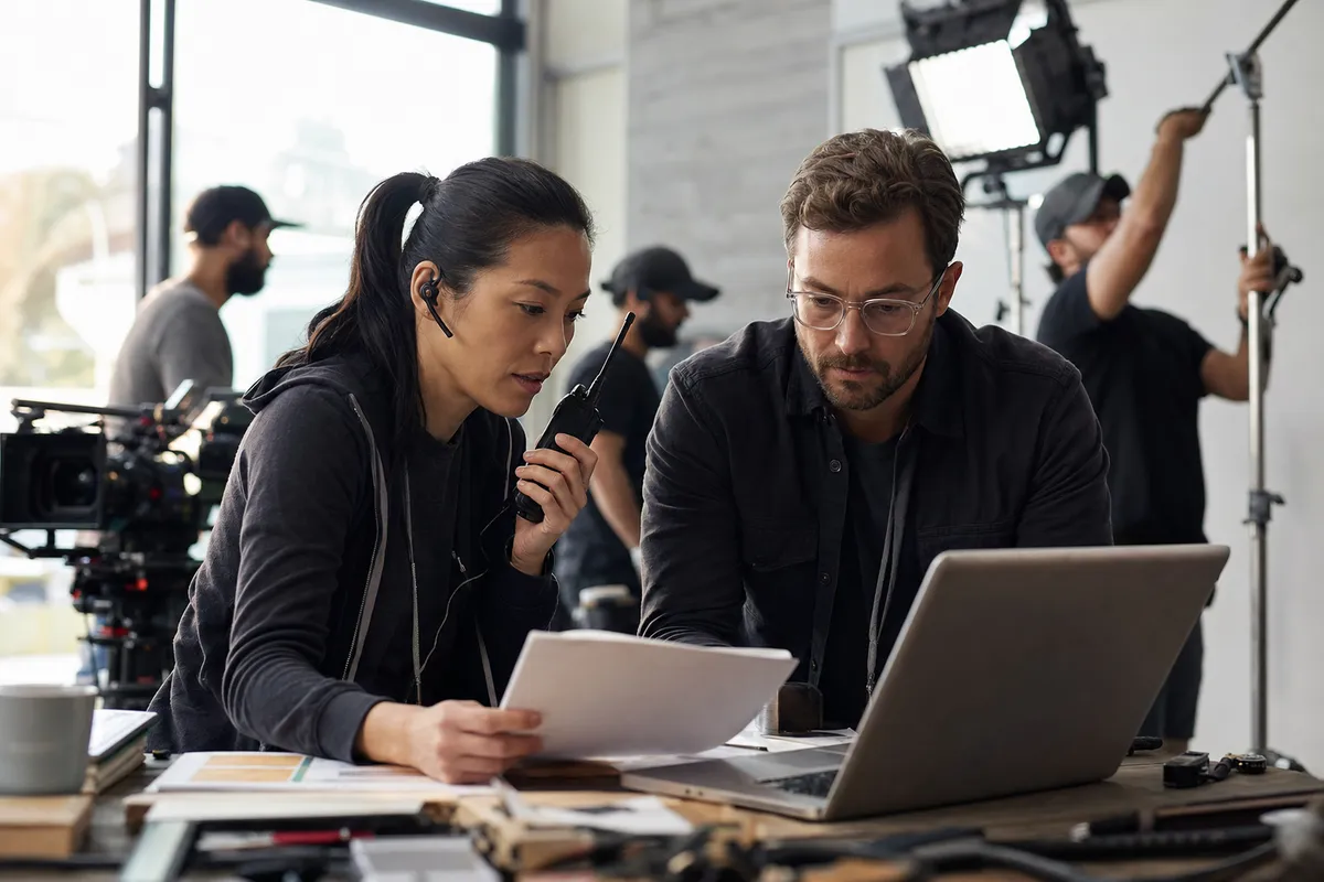 Assistant director and production coordinator revising a call sheet with crew nearby before a small commercial shoot