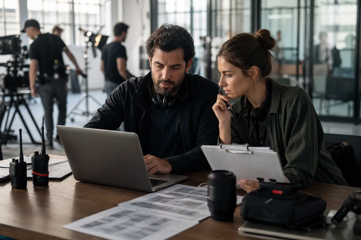 Assistant director and production coordinator preparing a shoot day with laptop, clipboard, radios, and camera gear in a bright production office