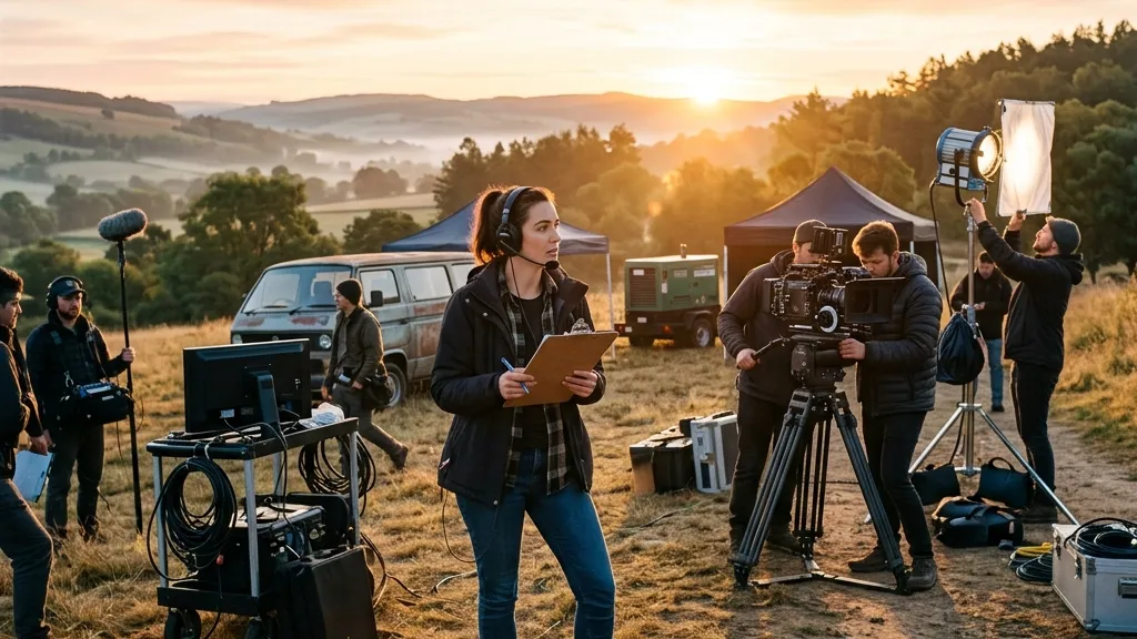An assistant director standing on an indie film set at sunrise holding a clipboard and wearing a headset with the crew setting up a camera in the background