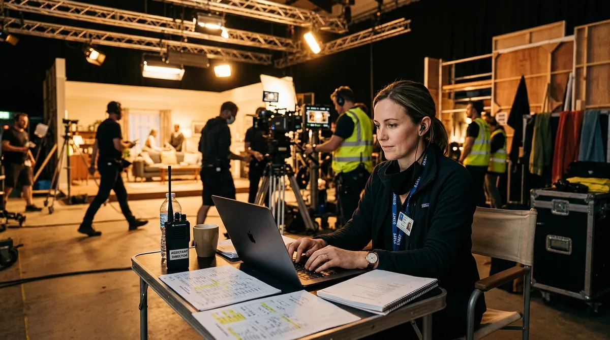 A production coordinator verifying the interview schedule on her laptop on a corporate office set with camera crew and talent in the background