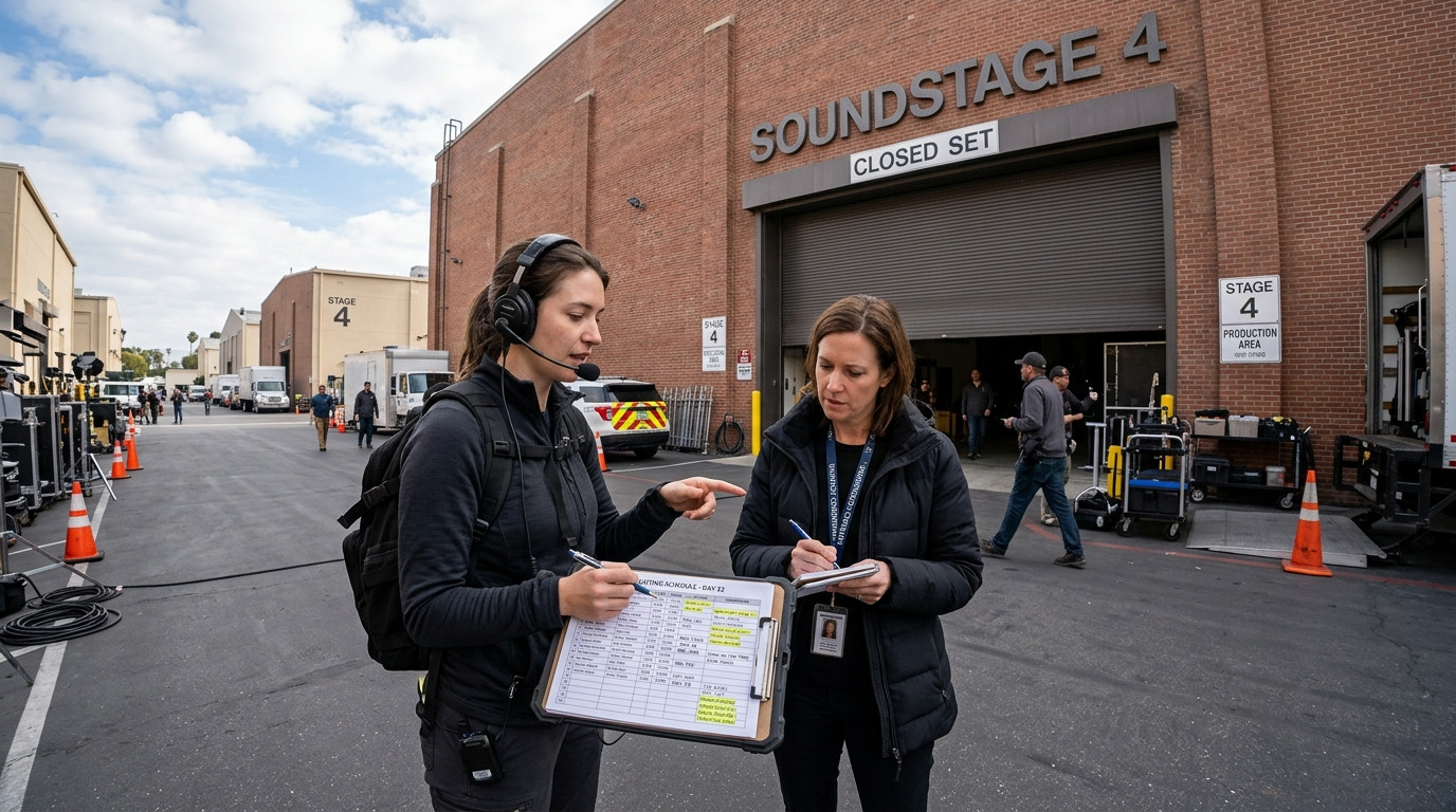 An assistant director and an intimacy coordinator reviewing a shooting schedule clipboard outside a closed film set soundstage.