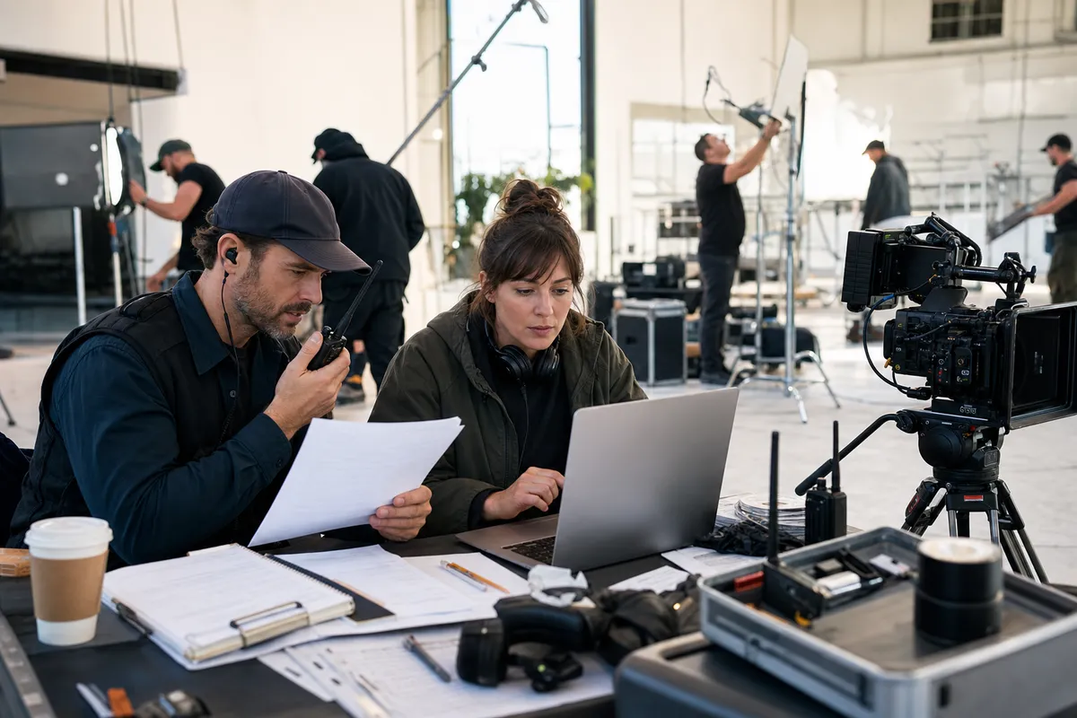 Assistant director and production coordinator finalizing a last-minute call sheet with crew on a bright film set