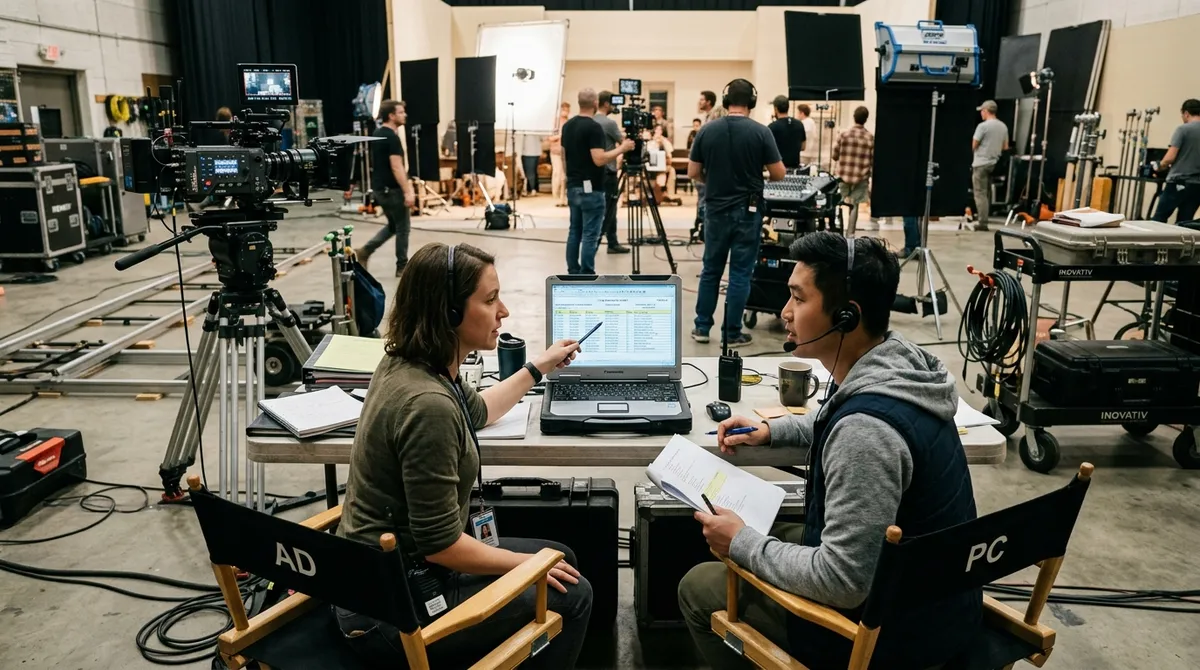 Assistant director and production coordinator reviewing a digital call sheet on a laptop amid camera gear on set