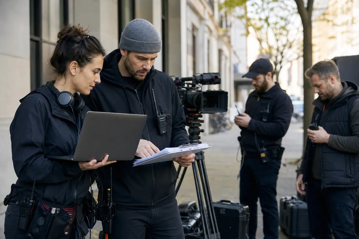 Assistant director and production coordinator checking location logistics with crew before call time on a small film shoot