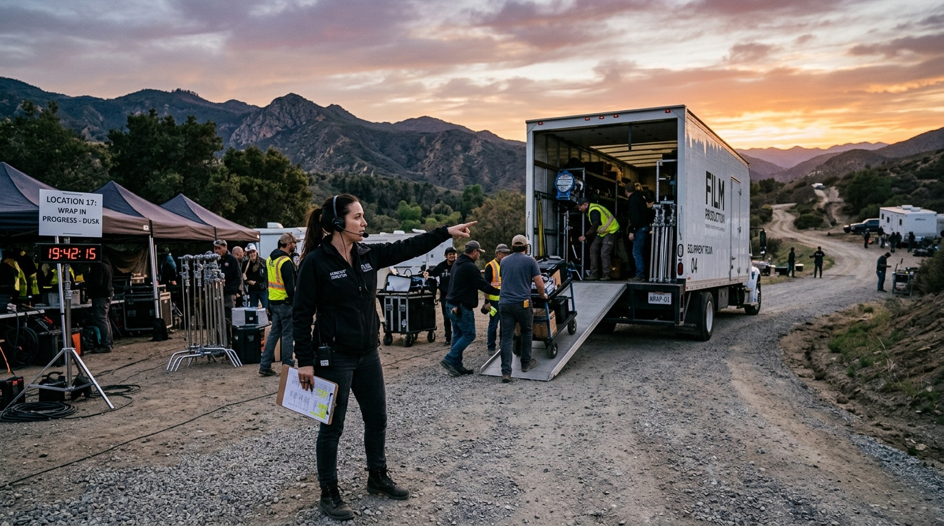 An assistant director with a walkie-talkie and clipboard pointing toward a production equipment truck while crew members pack lighting gear during a timed location wrap at dusk