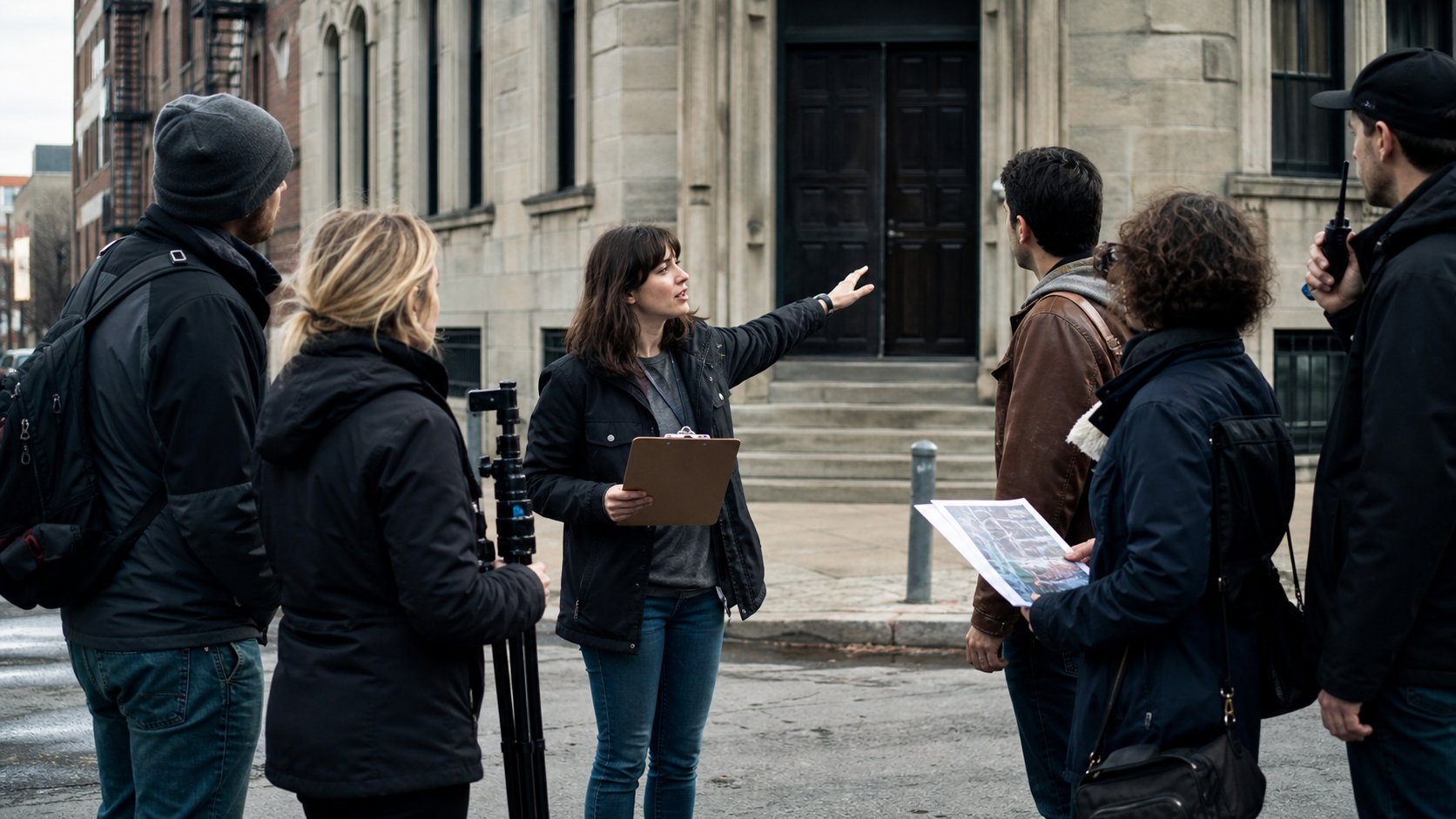 Production coordinator briefing a small film crew outside a location before a scout