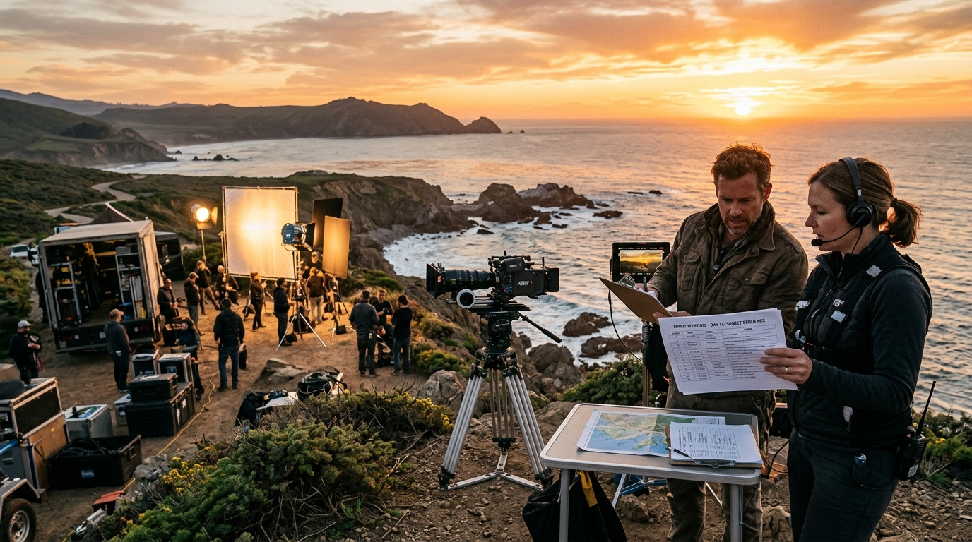 First assistant director reviewing the shooting schedule with a commercial cinematographer on set during sunset lighting setup