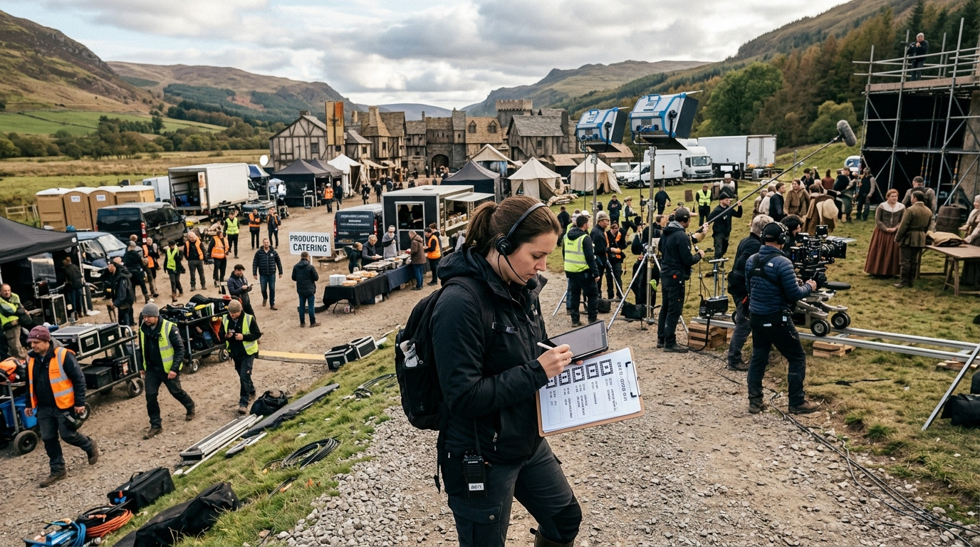 A focused assistant director reviewing schedule notes and catering timelines with a radio on a bustling film production set