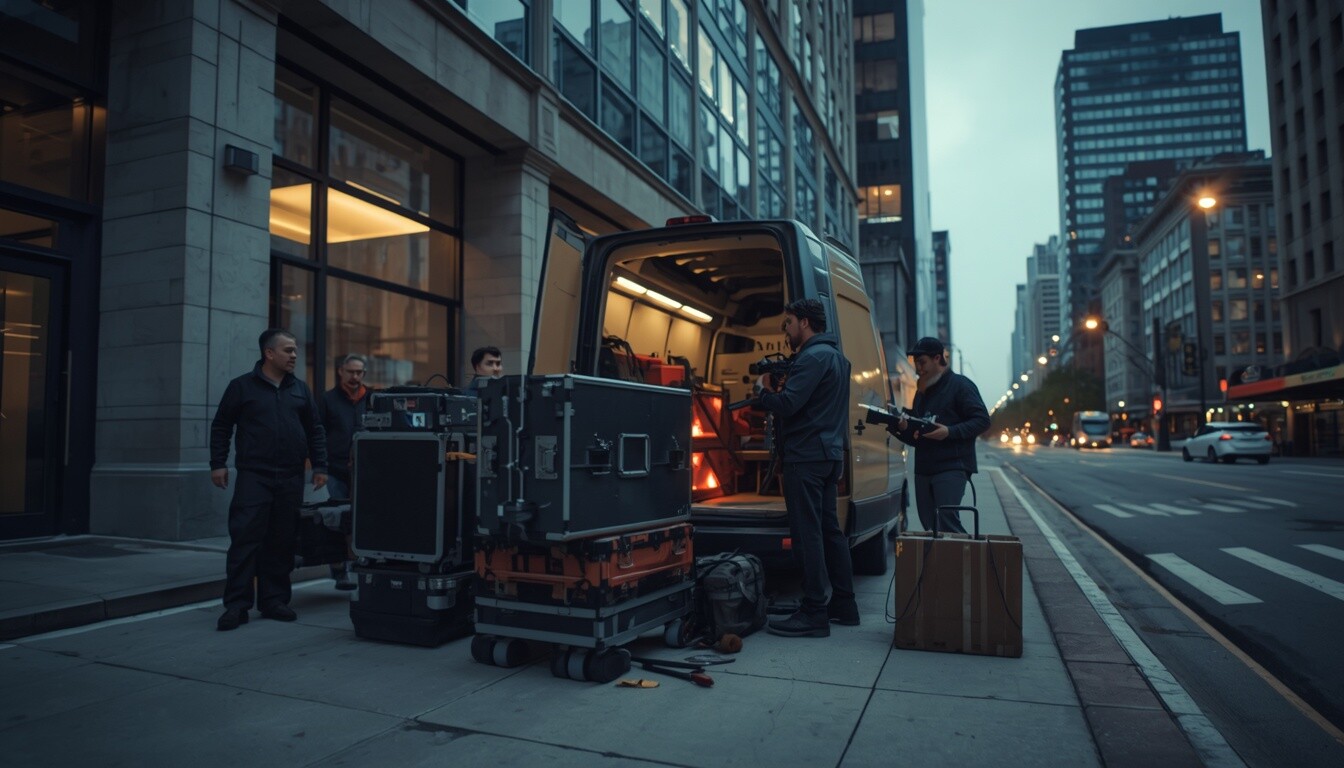Film production crew loading camera gear cases into a van at dawn outside a city building before a multi-location shoot day.