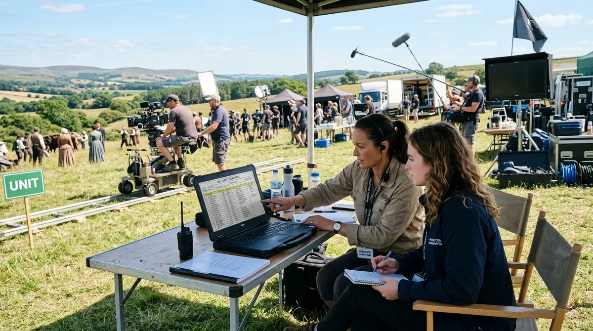 Assistant director and production coordinator reviewing a digital call sheet on a laptop on a busy outdoor film set with crew and camera rigs in the background