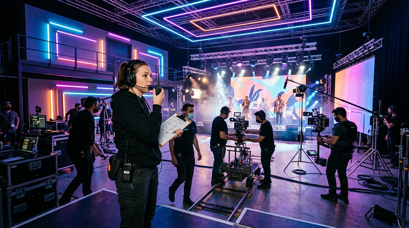 A wide-angle landscape shot (16:9 aspect ratio) depicting a focused assistant director with a radio headset coordinating a music video crew and lighting setup on a modern soundstage with neon accents and camera gear.