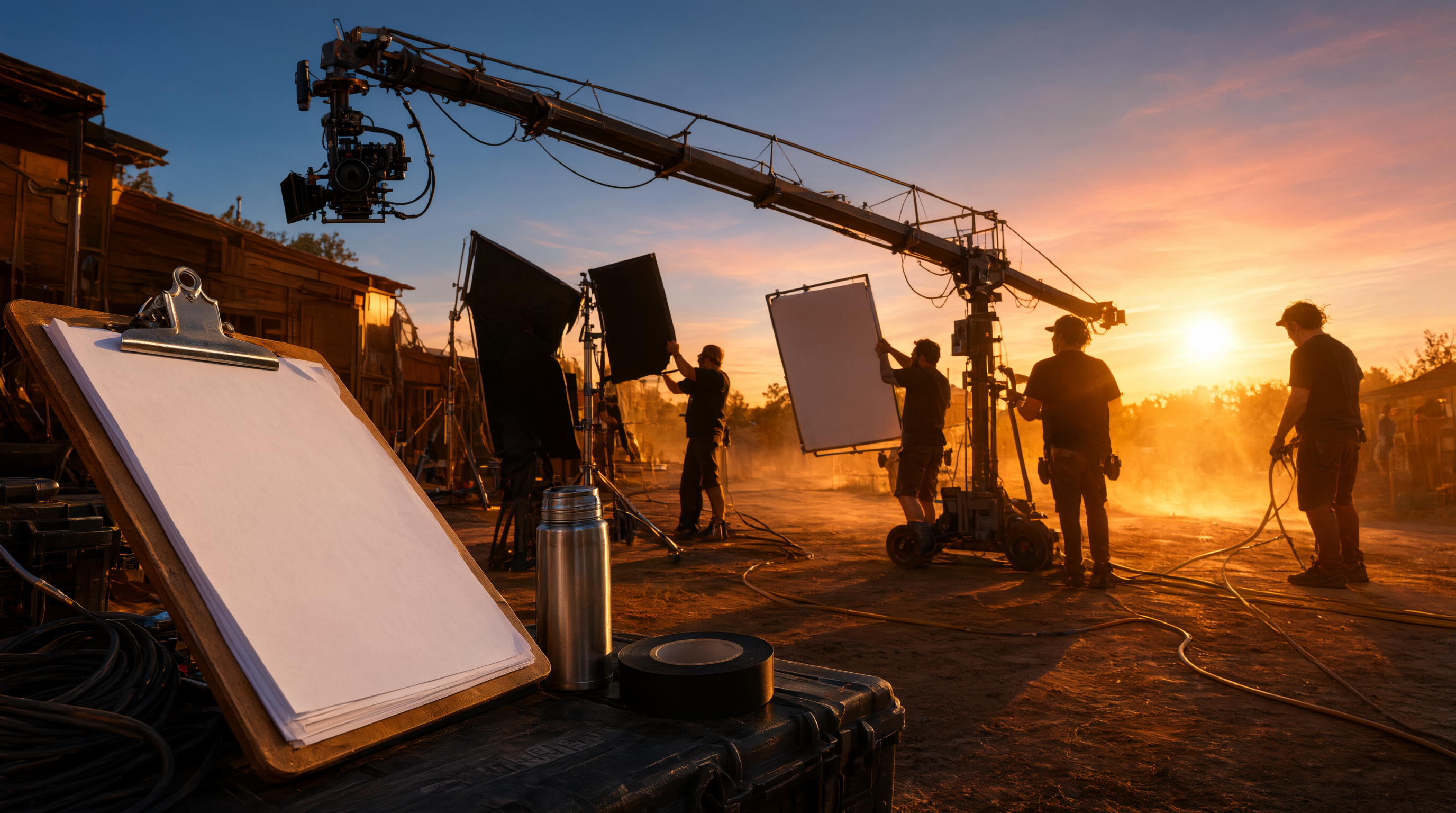 A production clipboard on a film set at golden hour while crew rig lighting and a camera crane in the background.