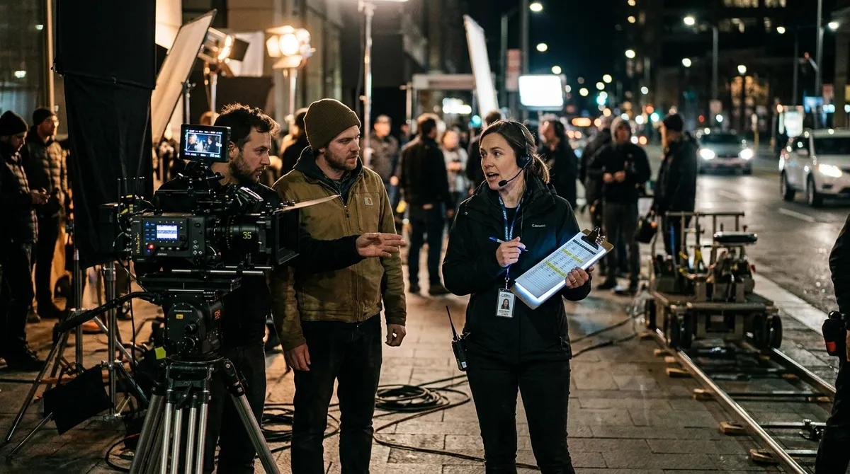 An Assistant Director with a clipboard coordinates crew members on a professional film set at night.