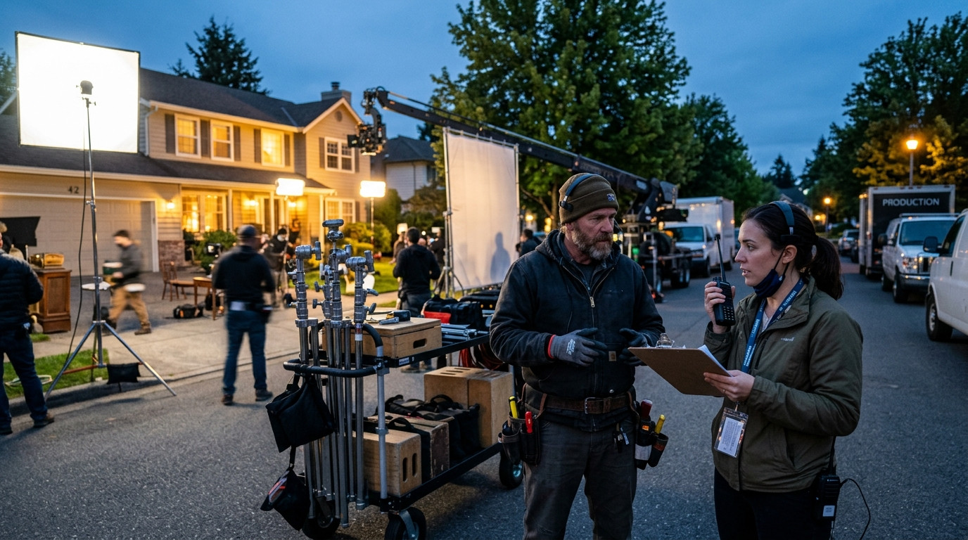 A focused assistant director holding a clipboard and two-way radio conferring with a grip crew lead on an evening residential film set