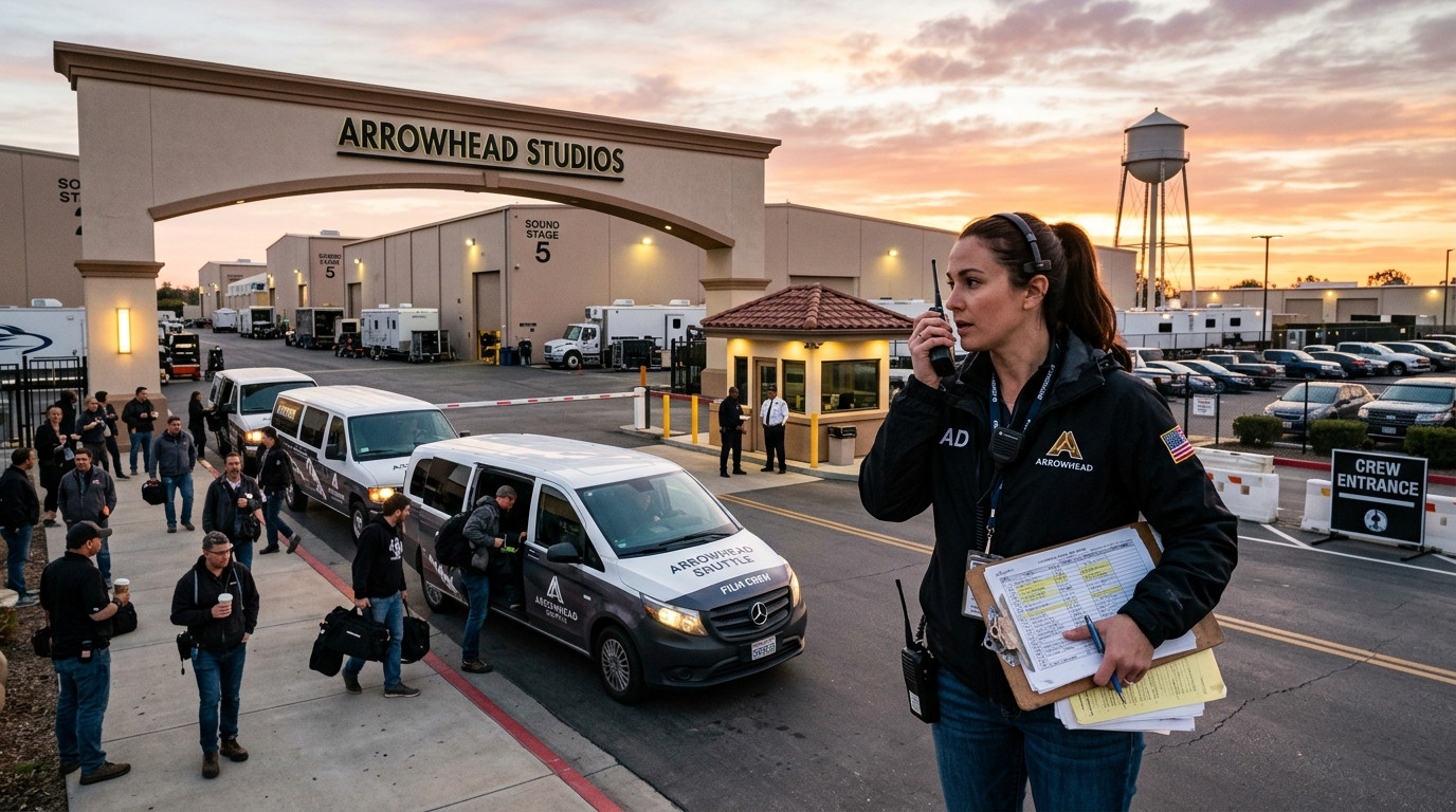A focused assistant director holding a walkie-talkie and clipboard while coordinating crew shuttle arrivals outside a film production lot at sunrise