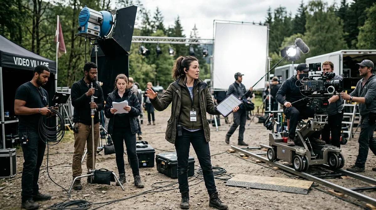 An assistant director holding a tablet and coordinating crew members on a busy film production set