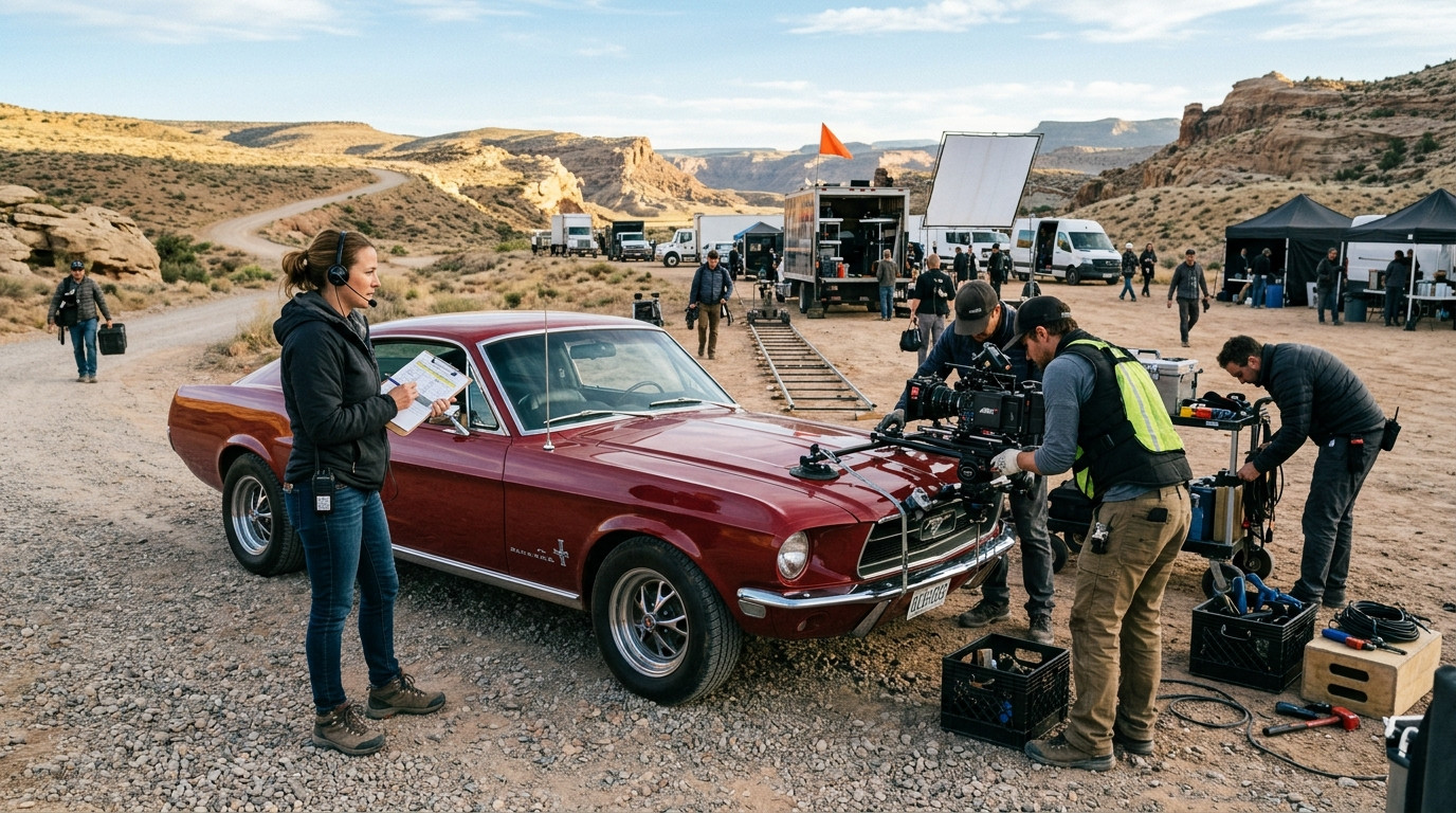 An assistant director with a radio and clipboard standing beside a vintage hero picture car on a film set while crew members rig camera mounts.
