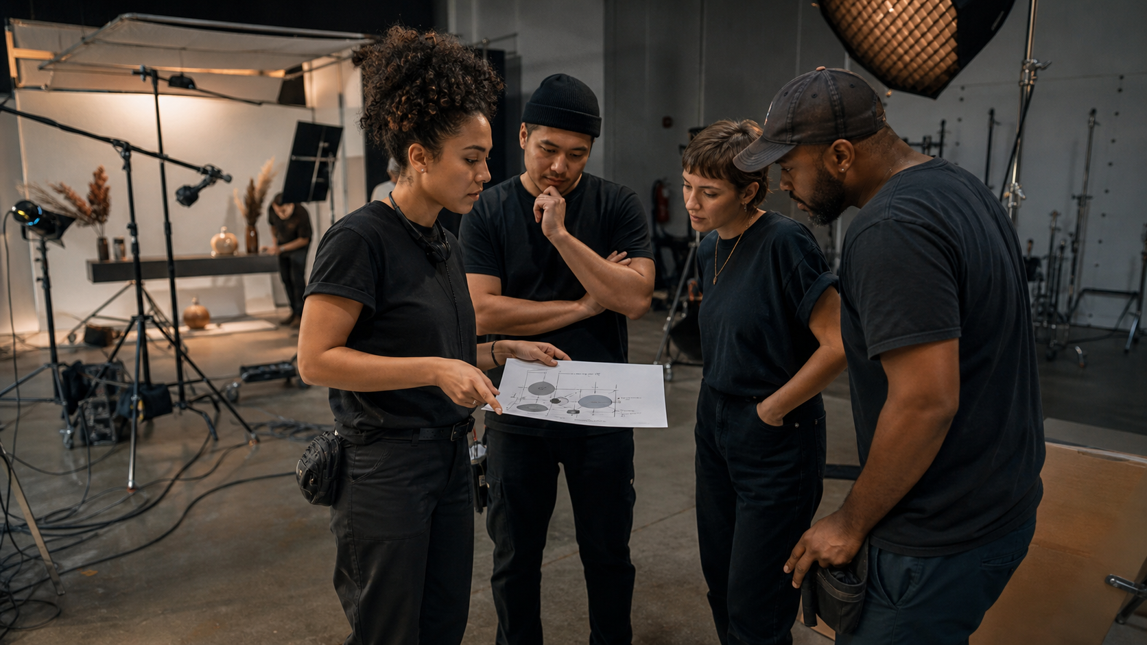 Production coordinator reviewing a prelight plan with lighting crew during a commercial studio setup