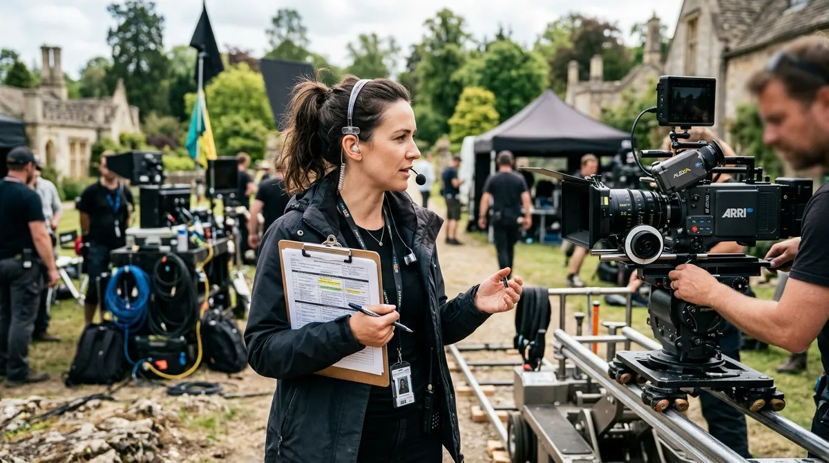 A female assistant director holding a clipboard with a clean, printed call sheet on a sunny film set while coordinating with a camera crew in the background.