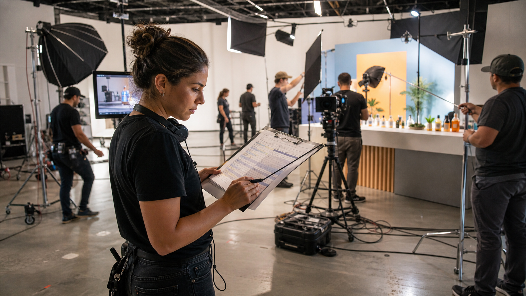 Production coordinator checking a product launch shoot call sheet as crew prepares a commercial set
