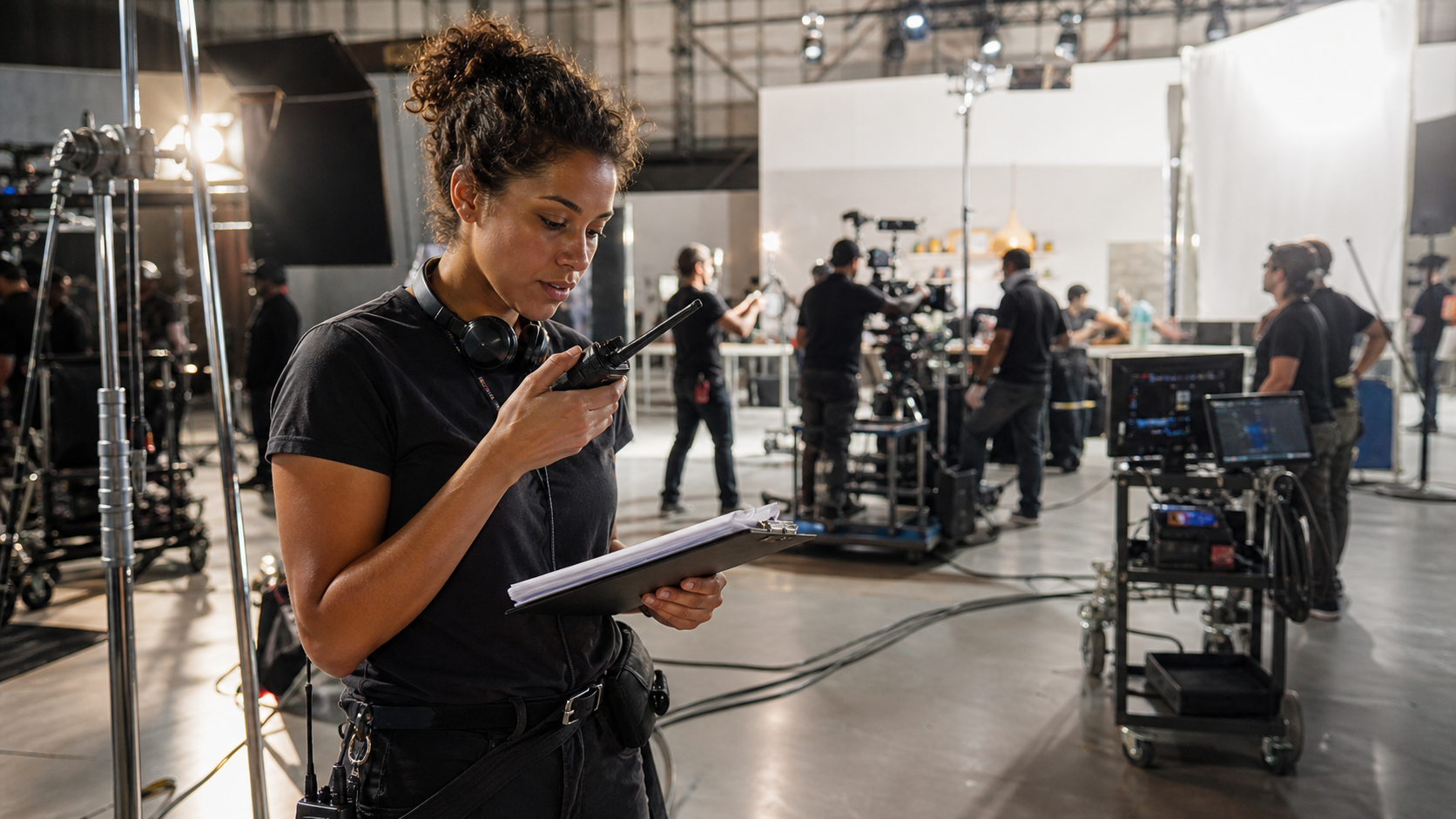 Production assistant reviewing shoot logistics with radio and clipboard beside a busy commercial set