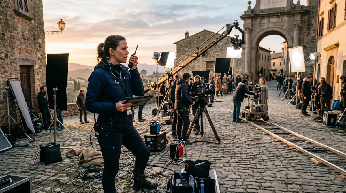 A focused assistant director holding a tablet and communicating via a walkie-talkie on a busy commercial film set at dawn with crew members adjusting lights and camera rigs in the background.
