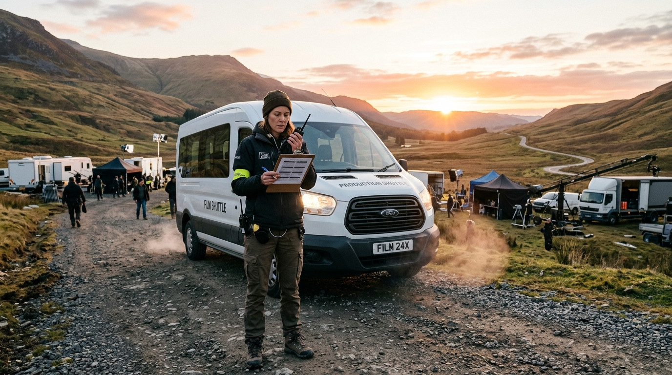 Production coordinator holding a radio and reviewing transportation shuttle schedules beside an idling passenger van at sunrise on location