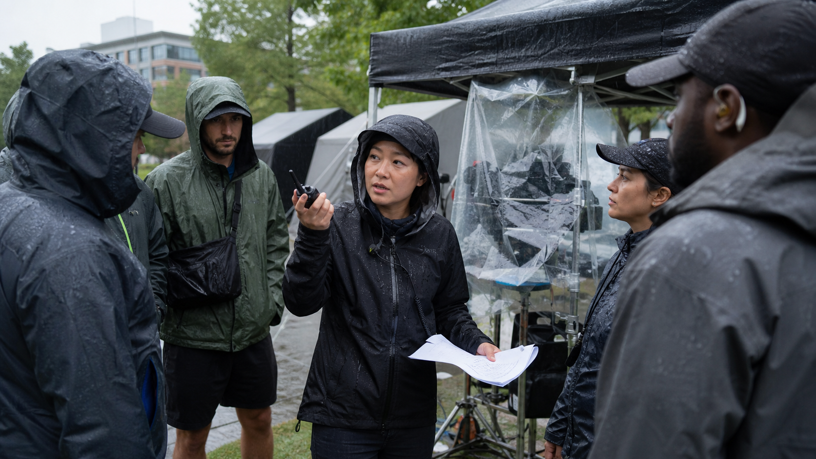 Assistant director coordinating a rain-plan change with crew beside covered camera gear on an outdoor commercial set