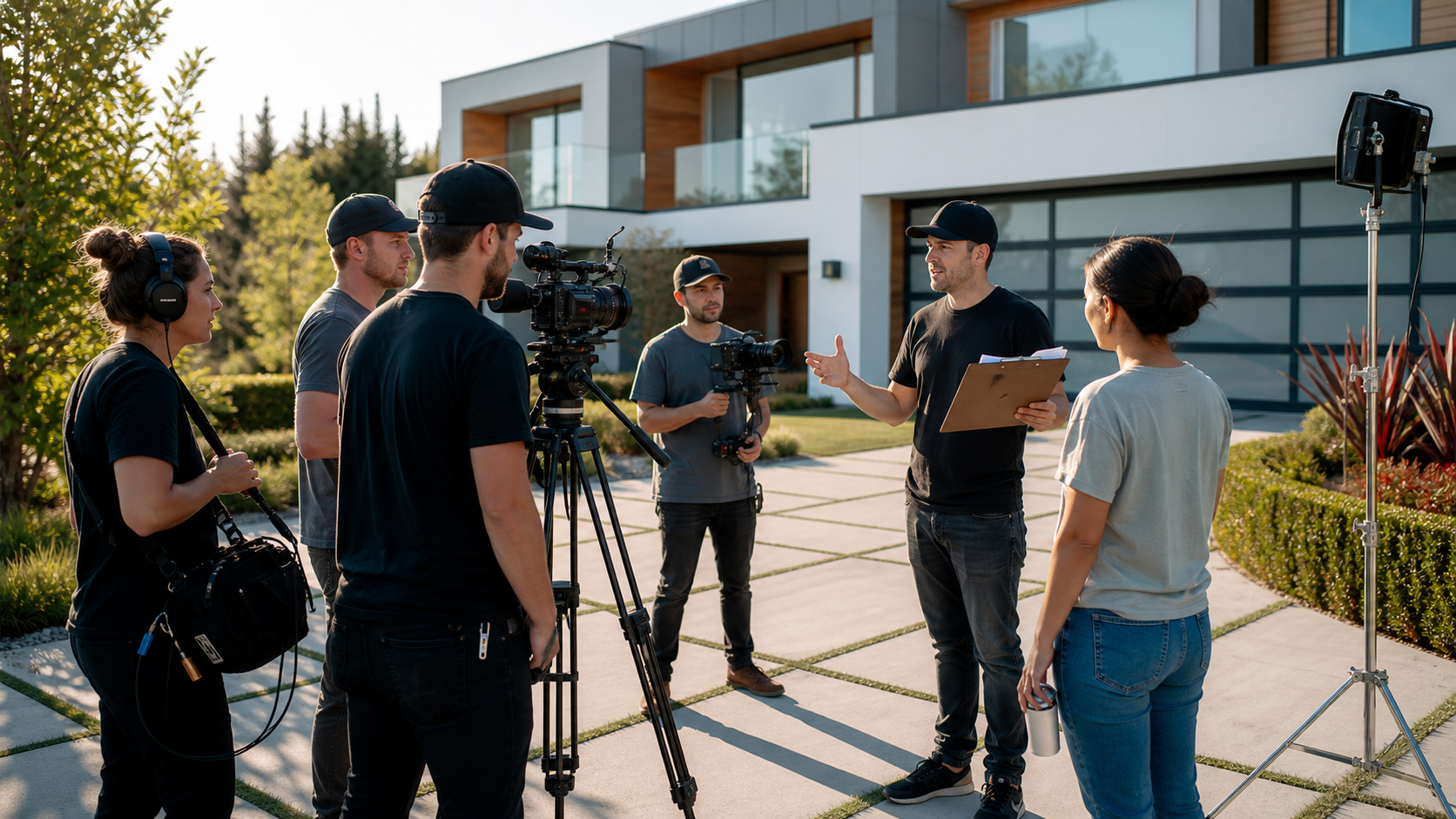 Production coordinator briefing a real estate video crew outside a modern home before filming