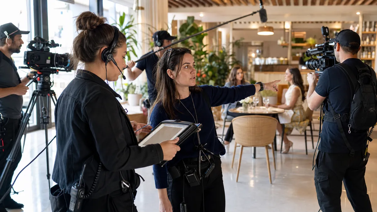 Assistant director coordinating a multi-camera reality TV field crew during a fast schedule change at a restaurant location.