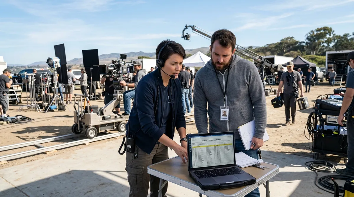 Assistant director and production coordinator reviewing a call sheet on a laptop with crew members adjusting gear on a busy film set