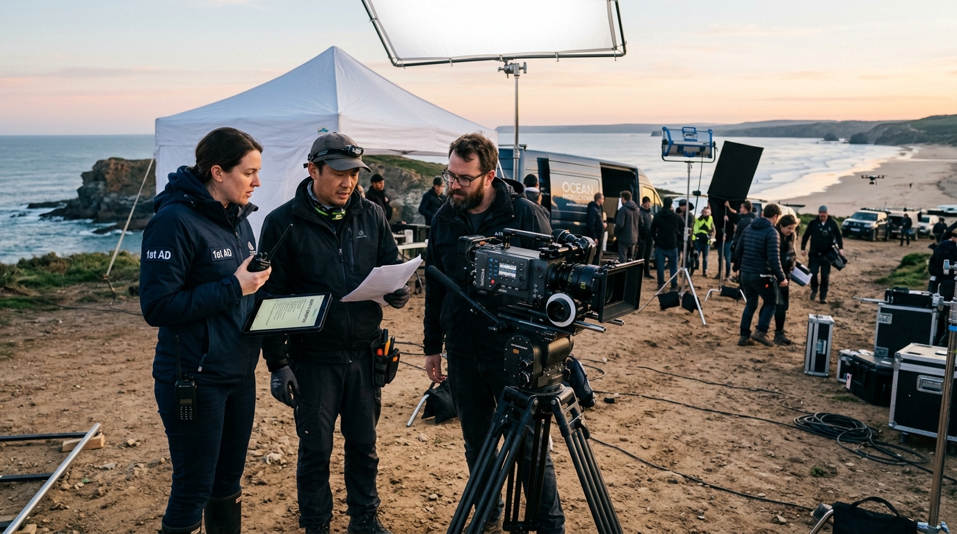A 1st assistant director in a dark navy jacket holding a walkie-talkie and tablet, reviewing safety briefing notes with the camera operator and gaffer during morning call on a commercial film set.