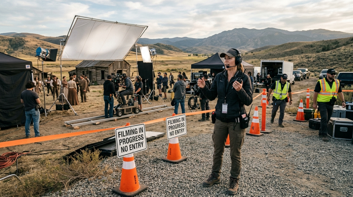 An assistant director wearing a headset and holding a radio coordinates crew and perimeter safety on an active film set location