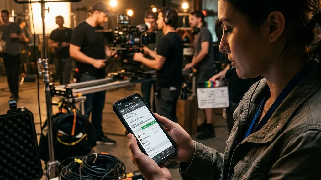 A modern digital call sheet app interface displayed on a smartphone screen held by an assistant director on a film set, with a film crew setting up camera rigs and lights in the background under warm sunset lighting.