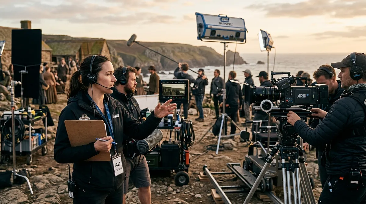 An assistant director with a clipboard coordinating crew on a modern film set
