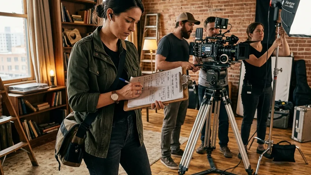 A female assistant director on an indie short film set, holding a clipboard and verifying production logistics with camera crew in the background