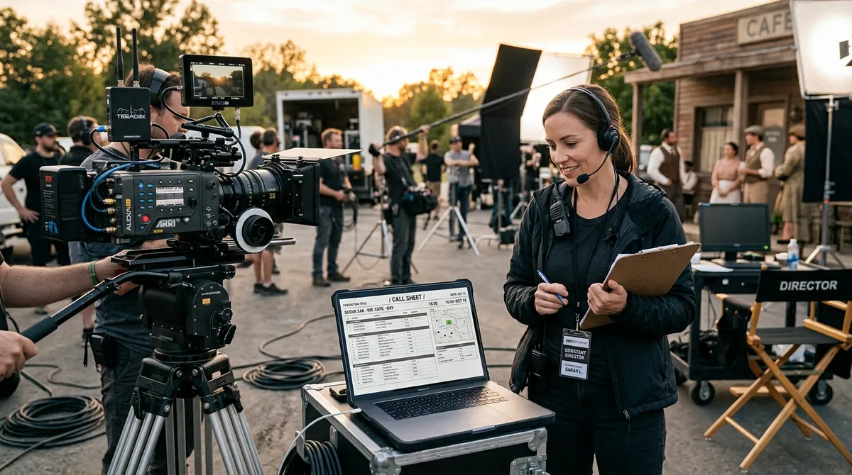 An assistant director checking a simple call sheet layout on a laptop on set