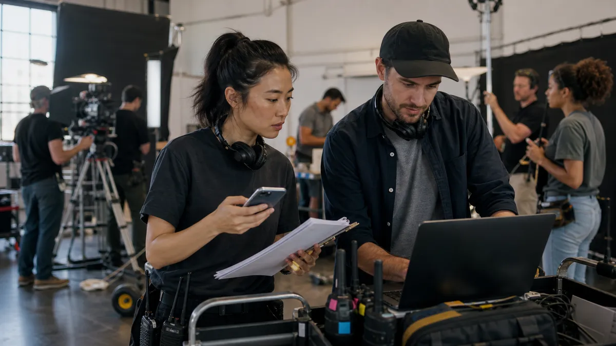 Assistant director sending SMS call sheet notifications to crew on a bright commercial shoot set