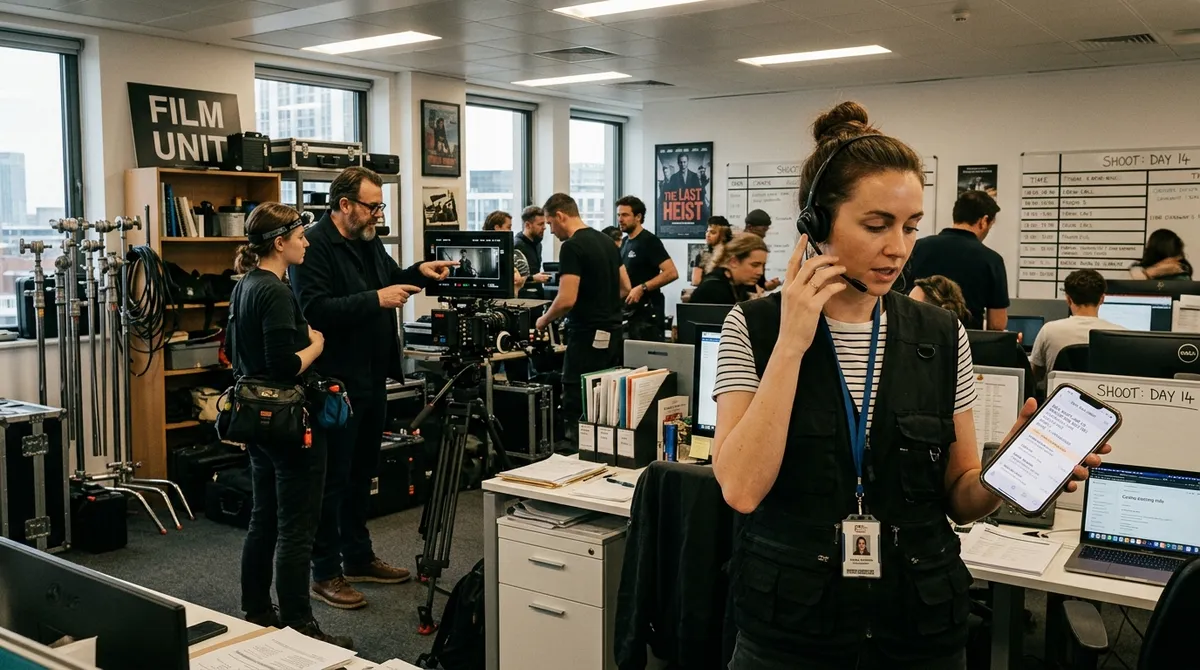 A film production coordinator holding a smartphone showing an SMS call sheet confirmation alert while crew and equipment stand in the background.