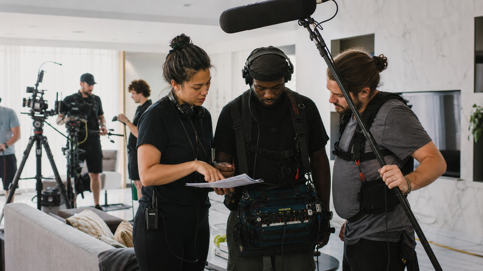 Production coordinator reviewing sound logistics with a mixer and boom operator before a commercial shoot