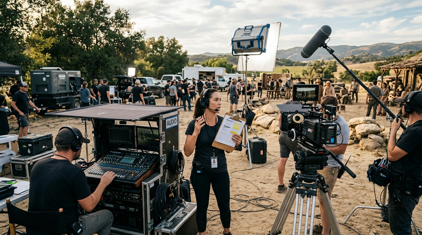 An assistant director holding a clipboard on set while coordinating audio playback equipment and crew near camera gear under cinematic lighting