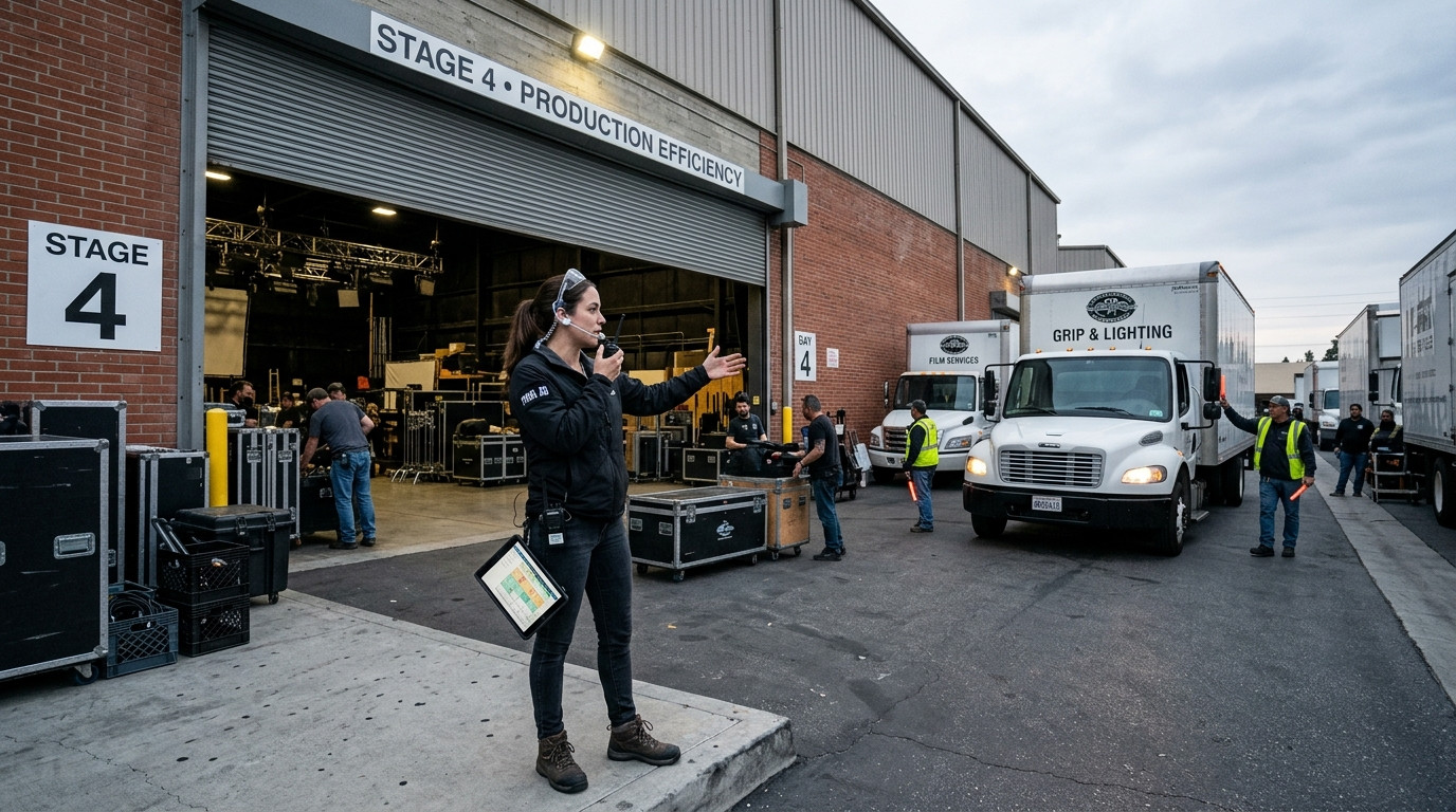 An assistant director holding a tablet and radio coordinating gear loading at a commercial sound stage roll up freight door as grip trucks back into the dock
