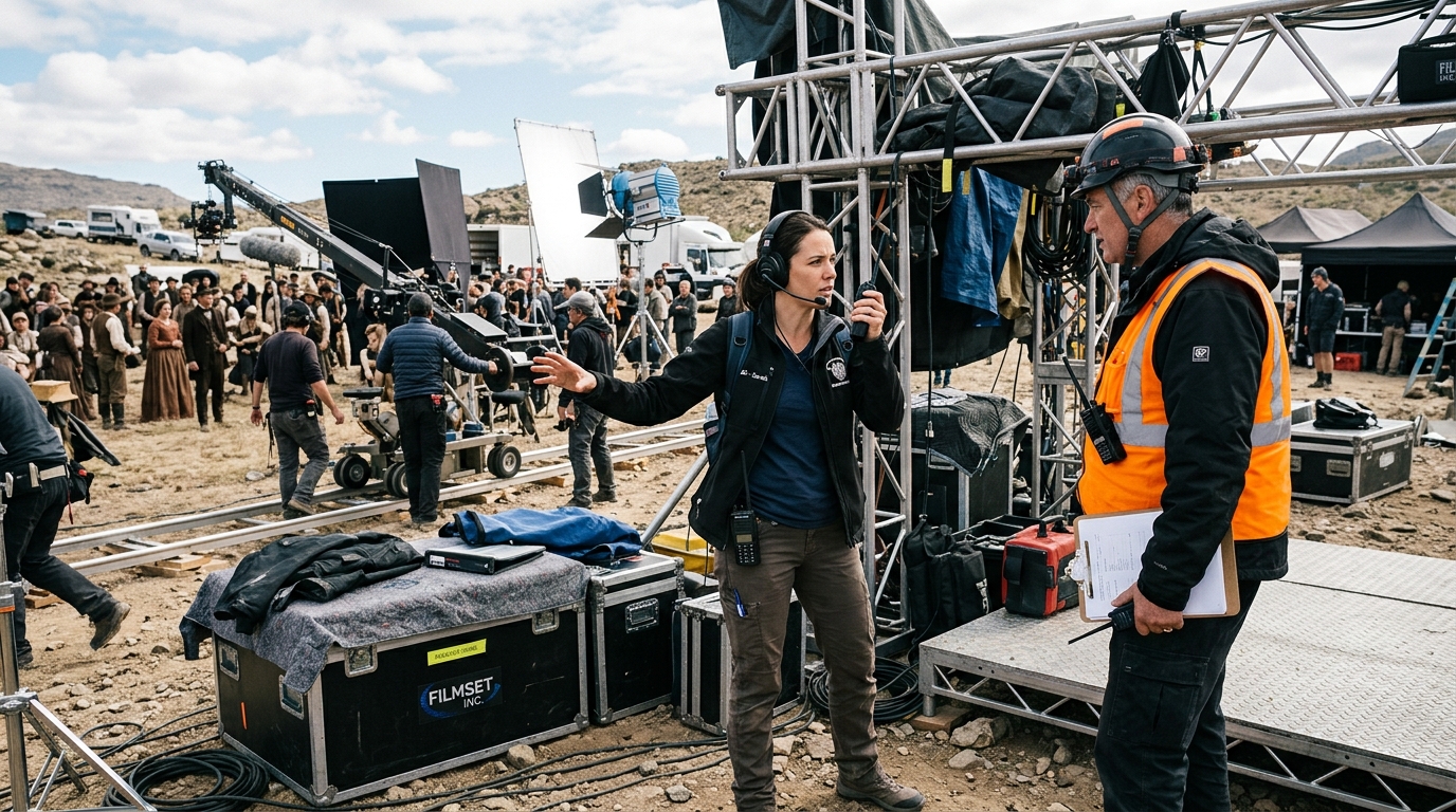 A focused assistant director wearing a headset and holding a production radio on a film set while coordinating with a crew safety supervisor near staging equipment