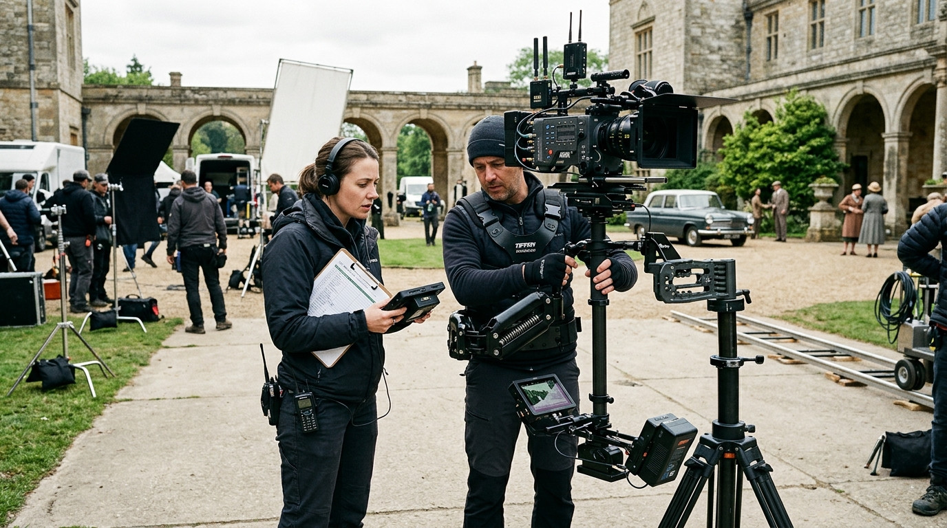 A focused assistant director and a Steadicam operator in an ergonomic vest checking a camera rig balancing stand on a cinematic film set