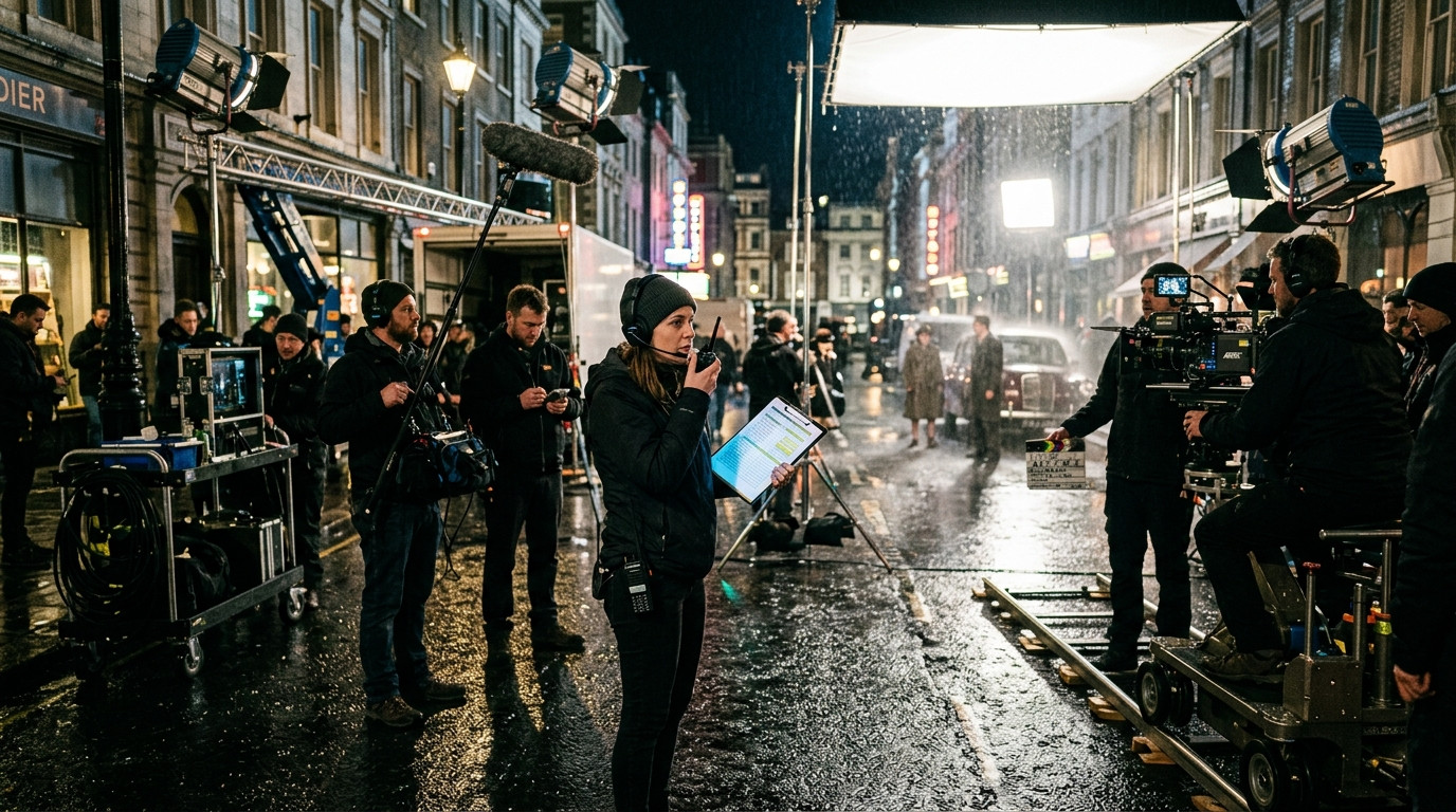An assistant director holding a clipboard and walkie-talkie coordinating with crew on a slick, wet city street during a night exterior film production.
