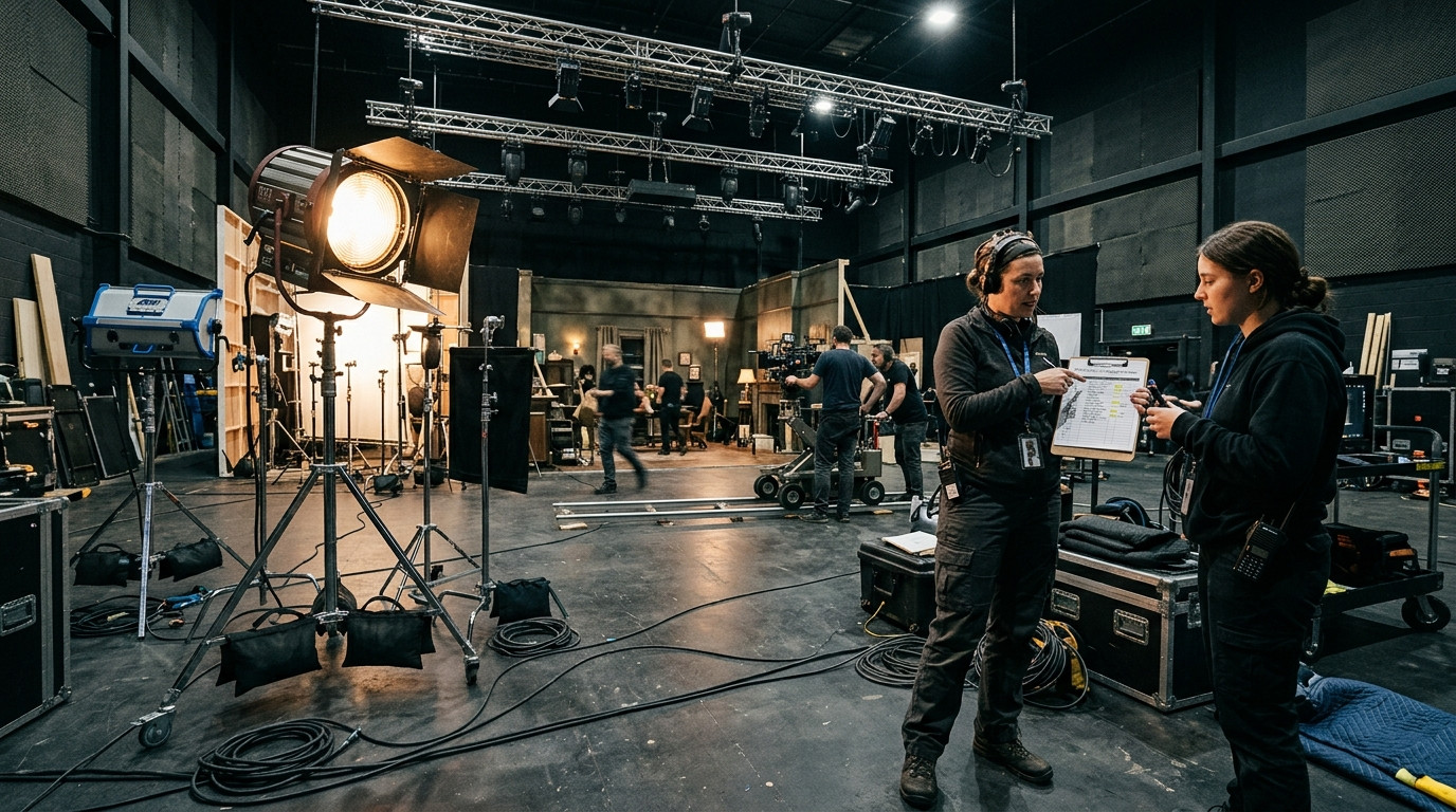 An assistant director holding a production schedule clipboard confers with a production coordinator on a film soundstage near active lighting gear