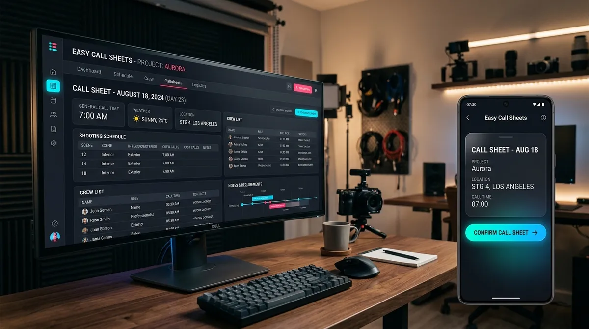A clean production management dashboard comparison featuring Easy Call Sheets call sheet builder and a mobile phone screen displaying a simple one-click confirm button.
